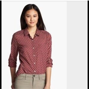 HALOGEN ~ Cranberry Red Button-Up Shirt with Apple Print ~ Size XS